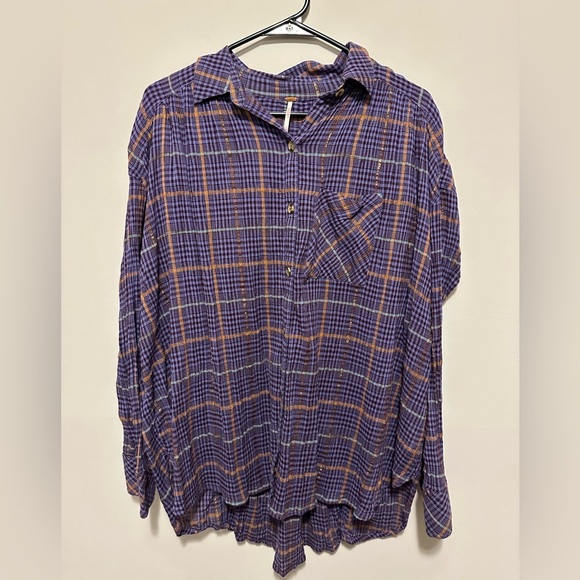 Free People Break My Stride Metallic Plaid Tunic Button-Up Shirt Violet Size S - Picture 3 of 10